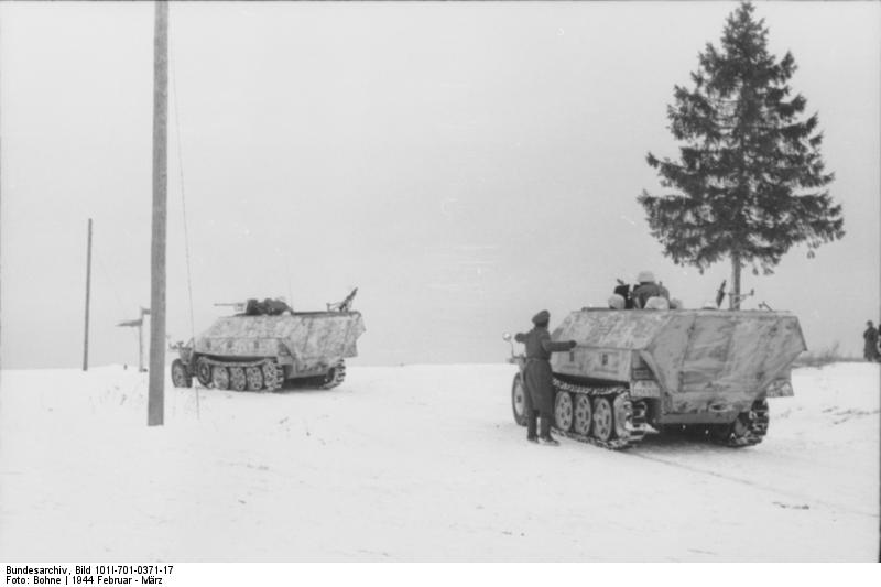 SdKfz. 251 halftrack vehicles in snowy terrain, northern Russia, Feb 1944, photo 1 of 2