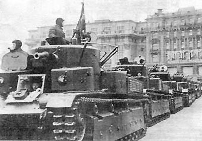 Soviet T-28 medium tanks on parade, 1930s