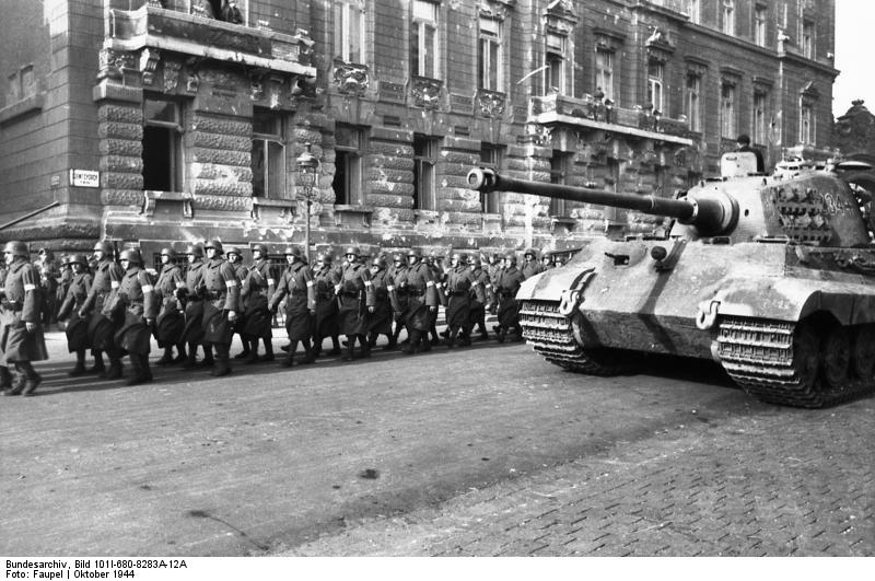 Hungarian troops and a German Tiger II heavy tank on a Budapest street, Hungary, Oct 1944, photo 2 of 2