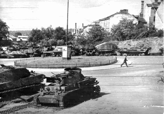 Wrecked German tanks in Znojmo, Czechoslovakia, May 1945