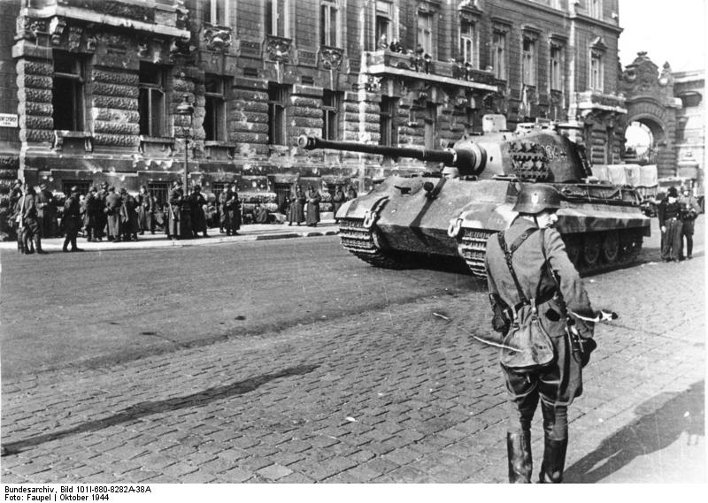 German troops and Tiger II heavy tank on a Budapest street, Hungary, Oct 1944, photo 1 of 2