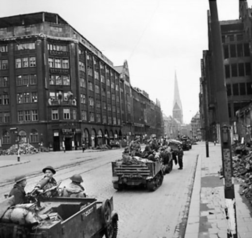 Universal carriers of British 1/5th Queen's Regiment, 7th Armored Division, Hamburg, Germany, 3 May 1945