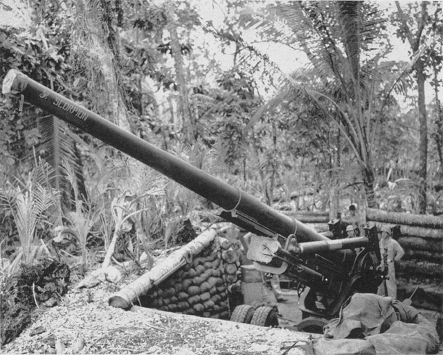 155mm Gun M1 of USMC 4th Defense Battalion near Barakoma, Vella Lavella, Solomon Islands, date unknown