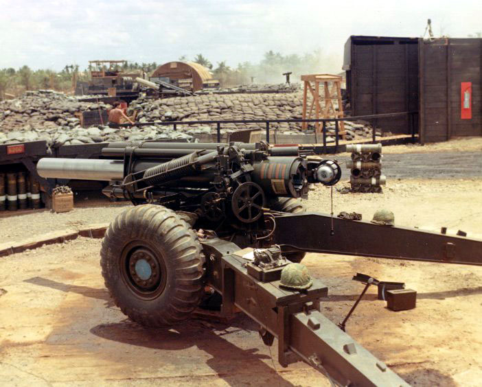M114 howitzer of C Battery, 5th Battalion, US 42nd Artillery Regiment at Fire Suppor Base Thu Thua, Vietnam, date unknown, photo 2 of 2