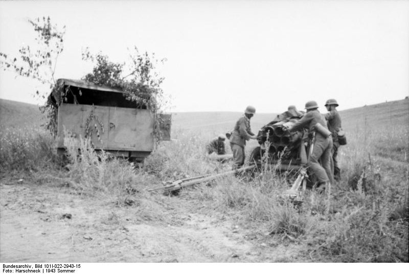 German troops setting up a 15 cm NbW 41 rocket launcher, near Kursk, Russia, summer 1943, photo 3 of 4