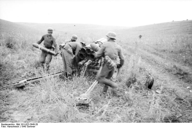 German troops setting up a 15 cm NbW 41 rocket launcher, near Kursk, Russia, summer 1943, photo 4 of 4