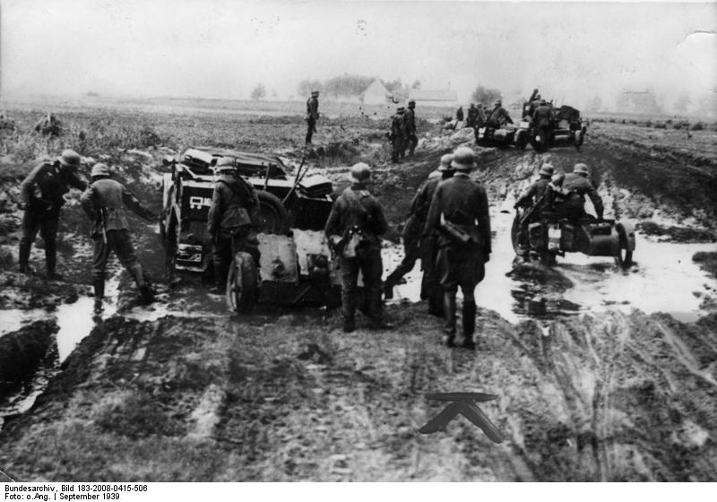 German motorized troops traveling on muddy road in Poland, Sep 1939