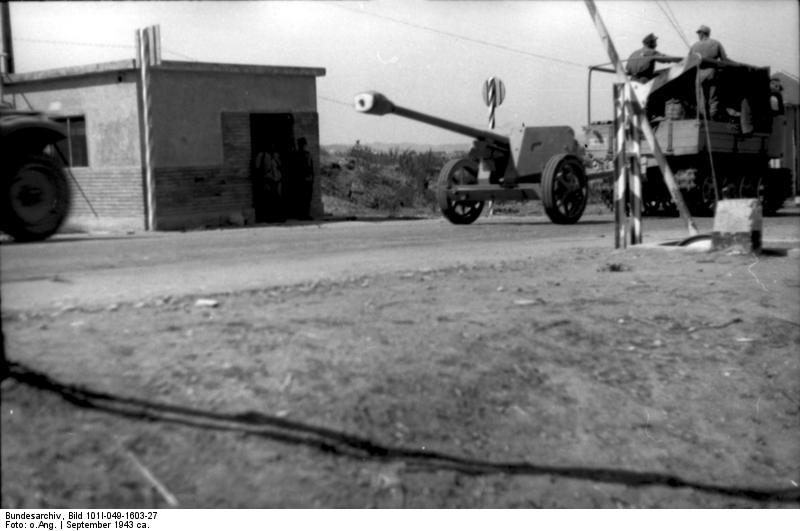 German 7.5 cm PaK 40 anti-tank gun being towed by a tracked vehicle, Yugoslavia, Sep 1943, photo 2 of 2