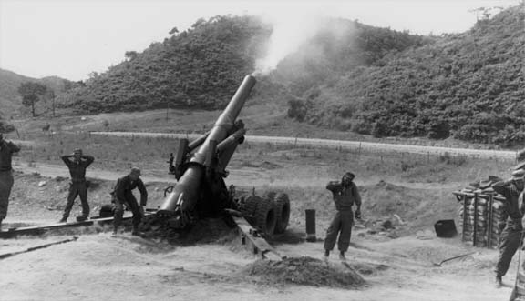 M115 howitzer of 17th Field Artillery Battalion, US 45th Infantry Division firing, north of Yonchon, Korea, 27 May 1952