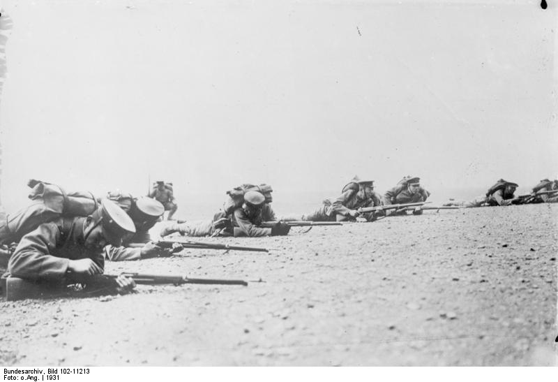 Japanese Army infantrymen on exercise with Arisaka Type 38 rifles, 1931