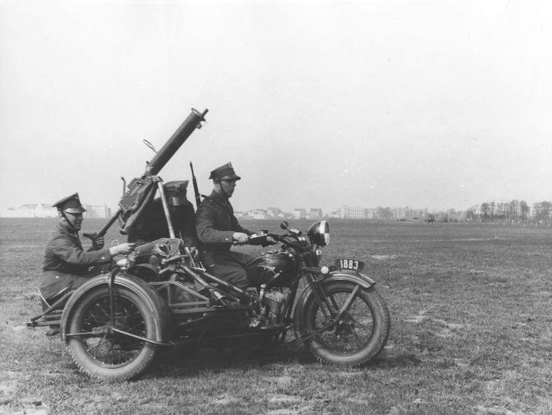 Polish troops on a Sokół 1000 motorcycle with a Ckm wz. 30 machine gun, 3 May 1938