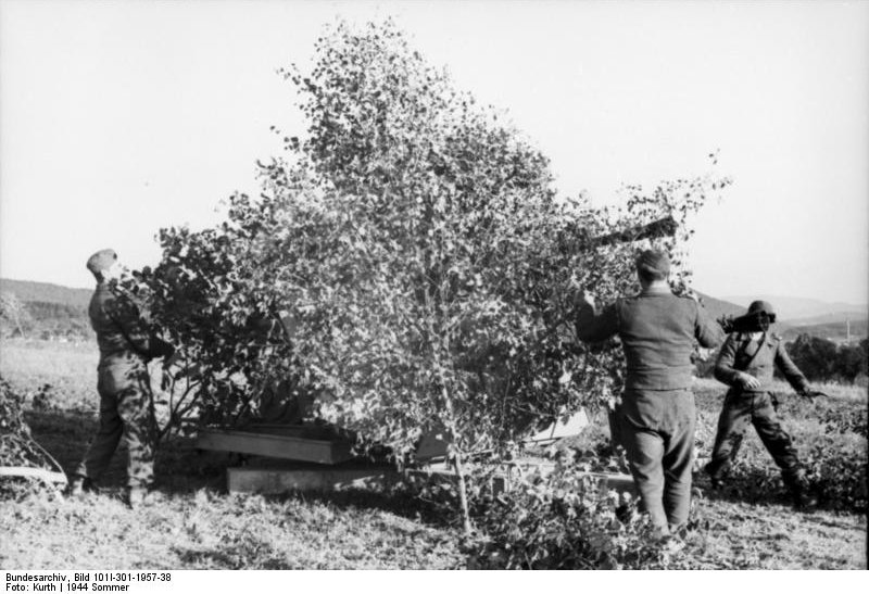 Camouflaged German 3.7 cm Flakzwilling 43 anti-aircraft mount, northern France, Jul-Sep 1943, photo 2 of 2
