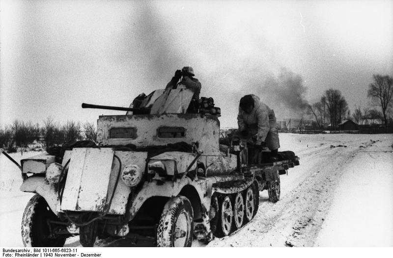 German SdKfz 10/4 halftrack vehicle with 2-cm FlaK 38 gun, somewhere in the Soviet Union, Nov-Dec 1943