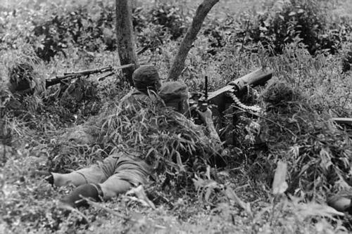 Partially camouflaged Chinese Type 24 machine gun position, China, circa 1940s, photo 1 of 2