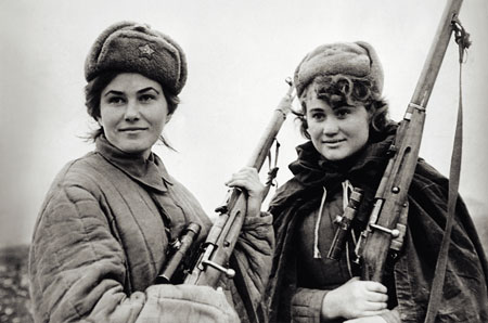 Ukrainian women of Sydir Kovpak's guerilla forces, date unknown; note Mosin-Nagant M1891 sniper rifles
