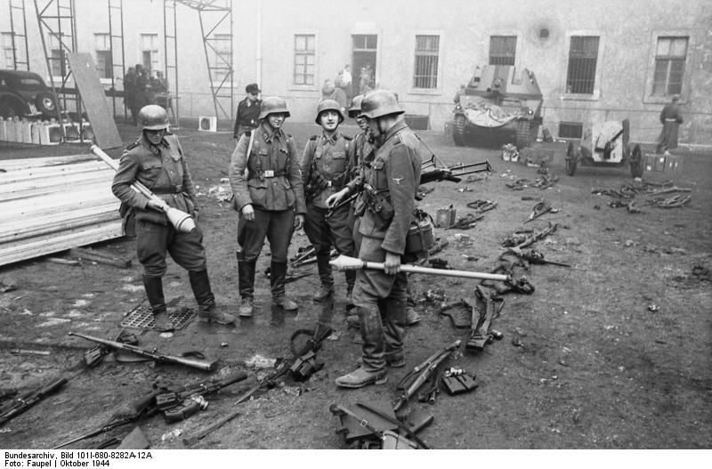 German SS troops in a barracks in Budapest, Hungary, Oct 1944; note Panzerfaust and other weapons