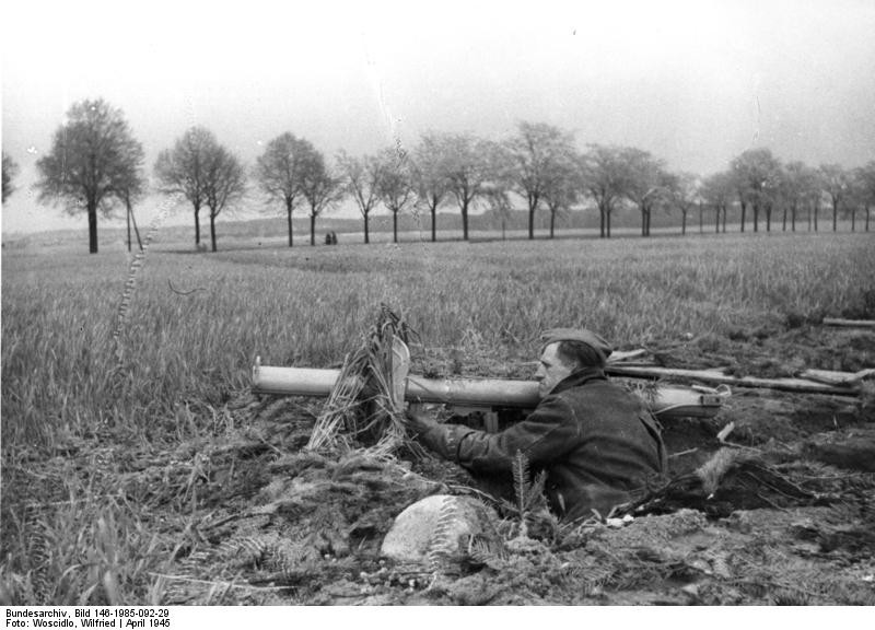 German Volkssturm soldier with Panzerschreck launcher, near Berlin, Germany, late Apr 1945