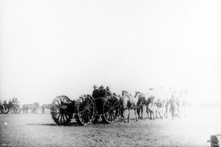 Ordnance QF 4.5 inch Howitzer being pulled by horses, Moascar, Egypt, 1915-1916